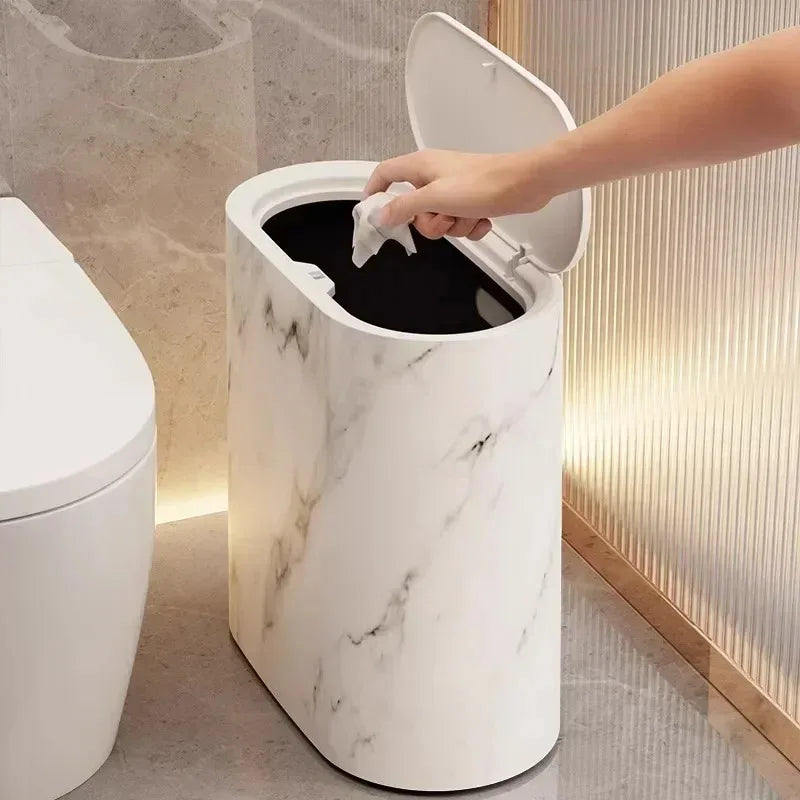 Nordic Marble-Effect Elliptical Push-Top Bathroom Wastebasket