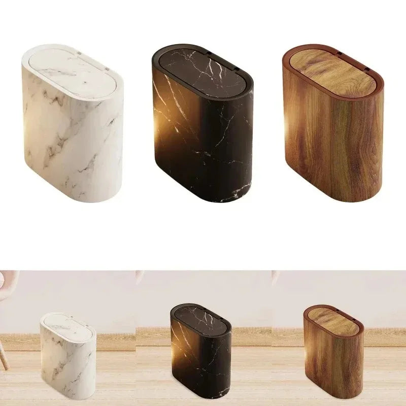 Nordic Marble-Effect Elliptical Push-Top Bathroom Wastebasket