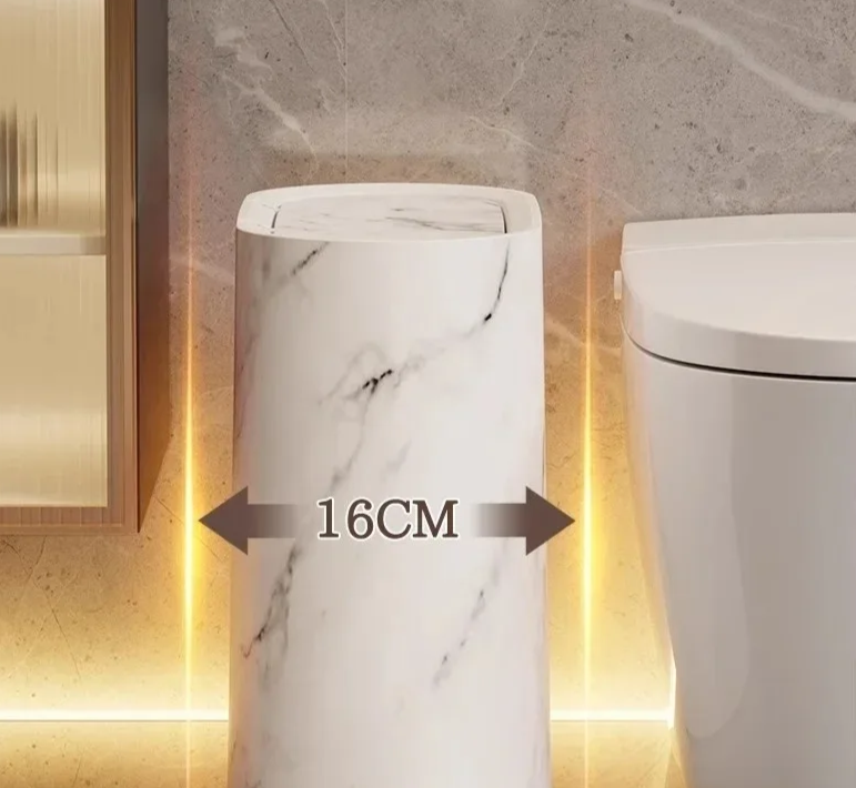 Nordic Marble-Effect Elliptical Push-Top Bathroom Wastebasket