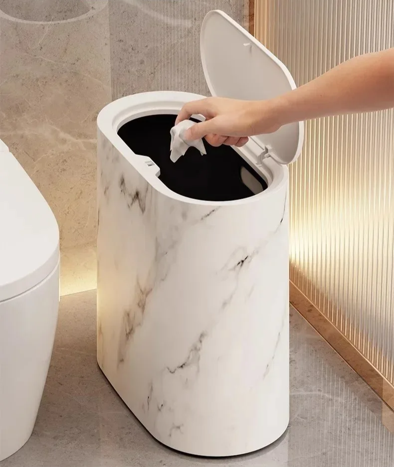 Nordic Marble-Effect Elliptical Push-Top Bathroom Wastebasket
