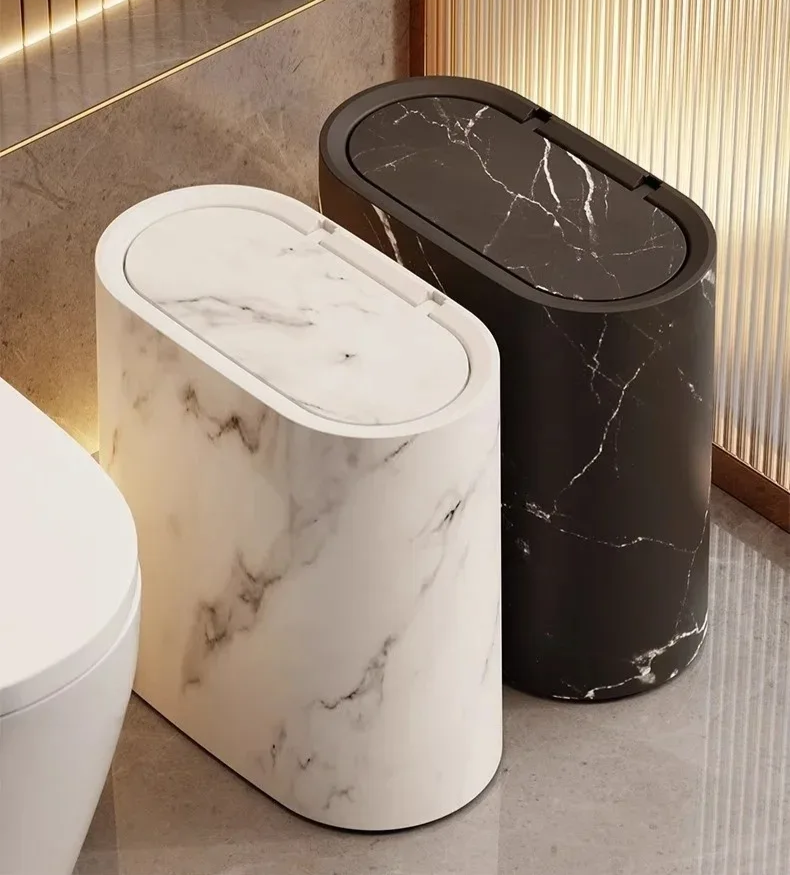 Nordic Marble-Effect Elliptical Push-Top Bathroom Wastebasket
