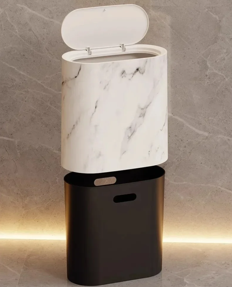 Nordic Marble-Effect Elliptical Push-Top Bathroom Wastebasket