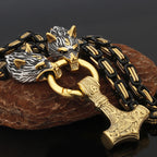 Nordic Viking Wolf and Thor’s Hammer Men’s Necklace