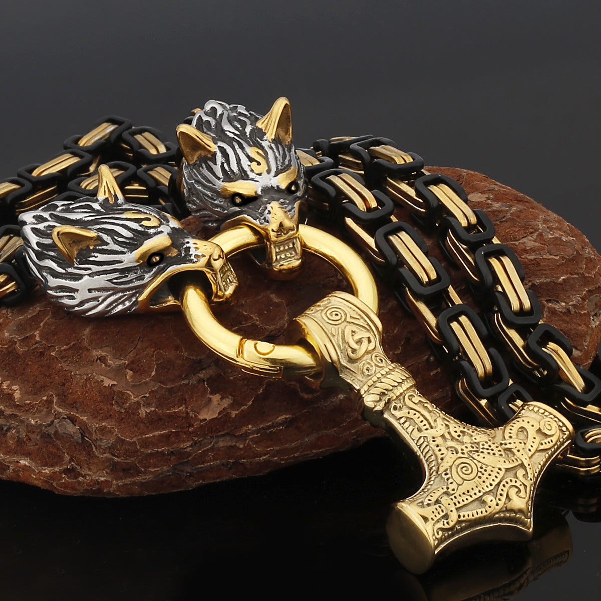 Nordic Viking Wolf and Thor’s Hammer Men’s Necklace