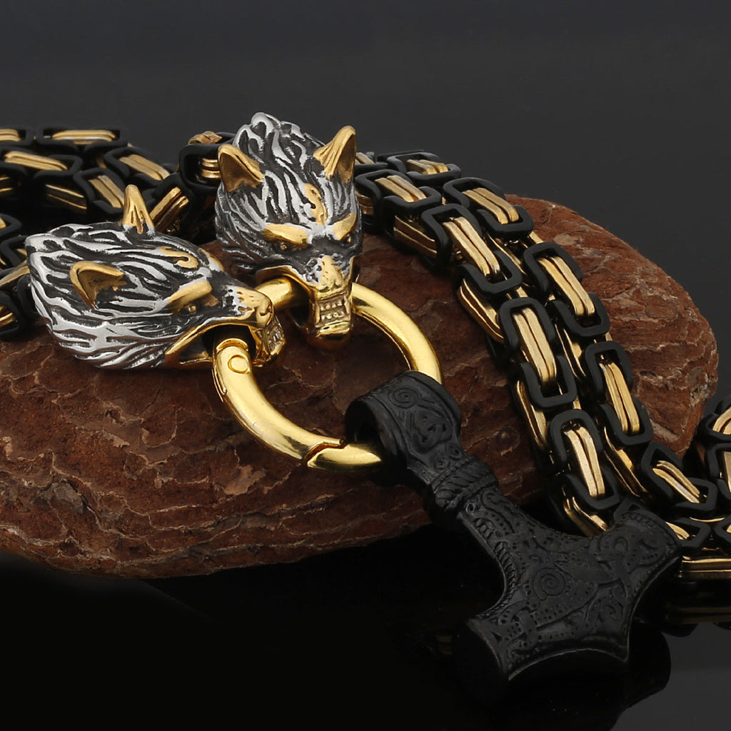 Nordic Viking Wolf and Thor’s Hammer Men’s Necklace