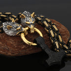 Nordic Viking Wolf and Thor’s Hammer Men’s Necklace