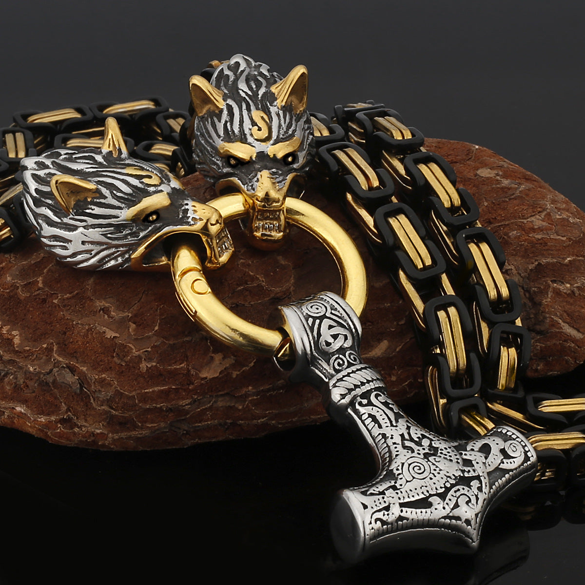 Nordic Viking Wolf and Thor’s Hammer Men’s Necklace