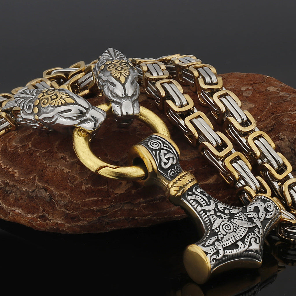 Nordic Viking Wolf and Thor’s Hammer Men’s Necklace