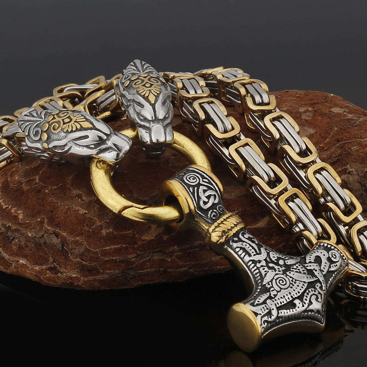 Nordic Viking Wolf and Thor’s Hammer Men’s Necklace