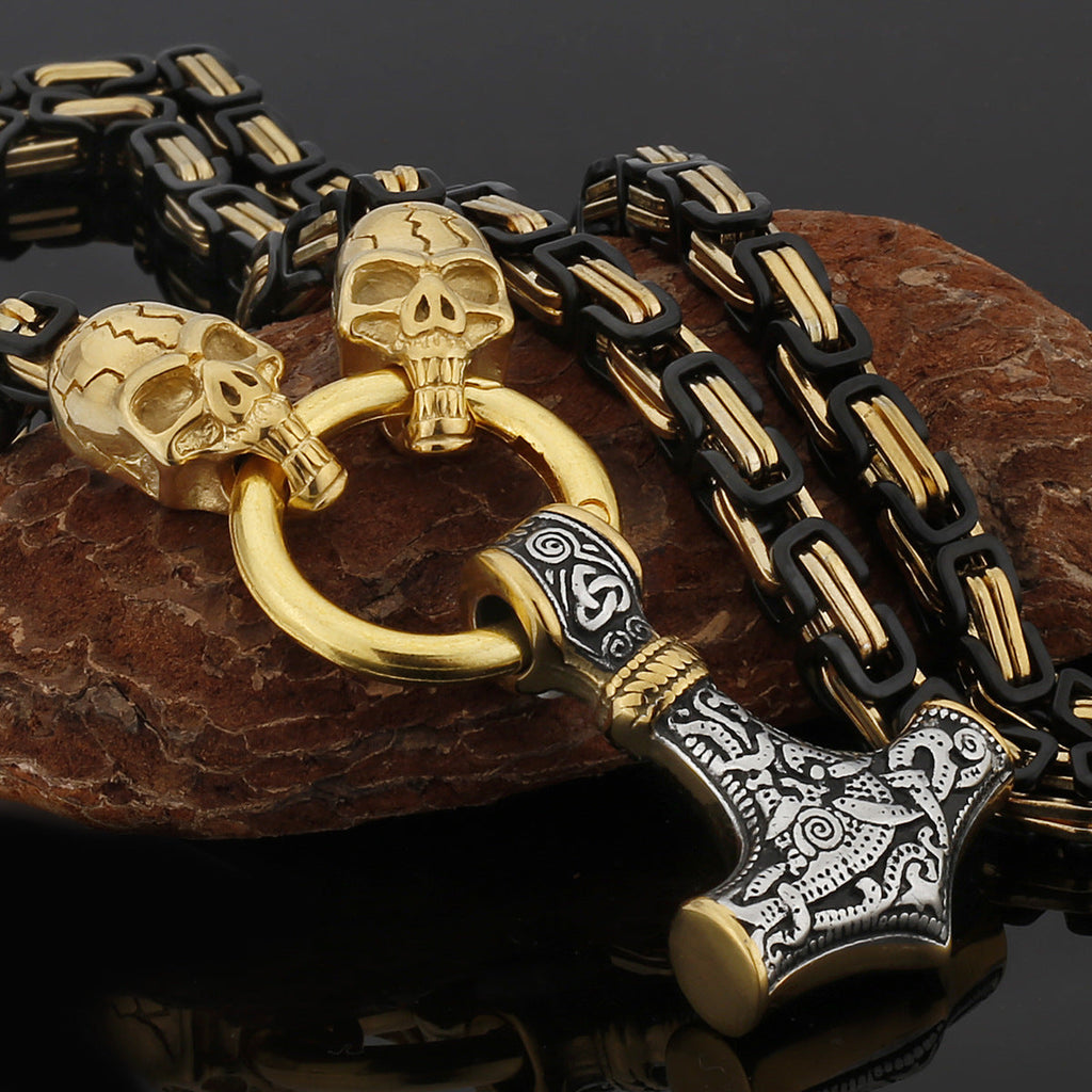 Nordic Viking Wolf and Thor’s Hammer Men’s Necklace