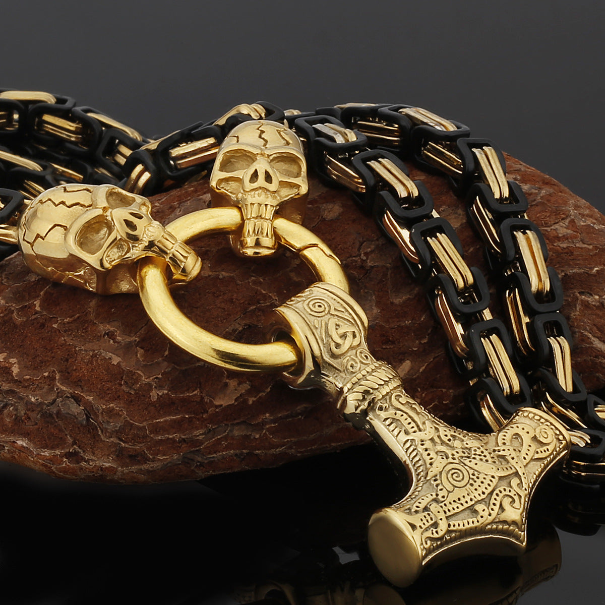 Nordic Viking Wolf and Thor’s Hammer Men’s Necklace