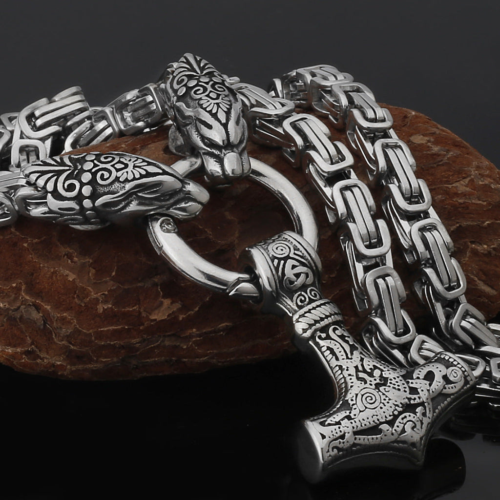 Nordic Viking Wolf and Thor’s Hammer Men’s Necklace