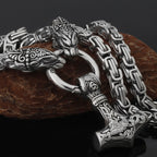 Nordic Viking Wolf and Thor’s Hammer Men’s Necklace