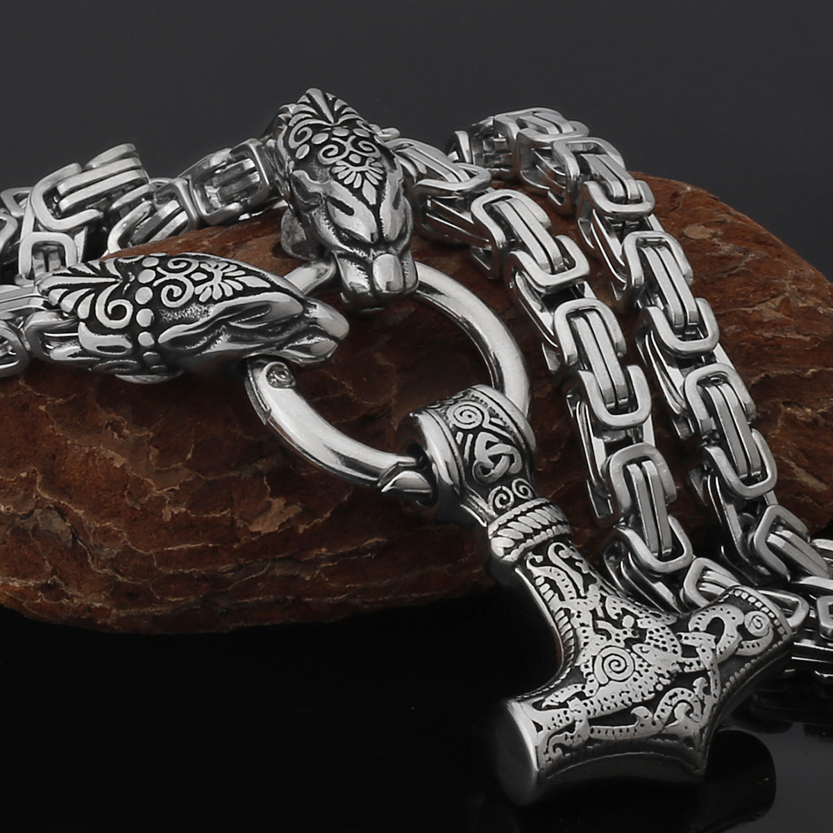 Nordic Viking Wolf and Thor’s Hammer Men’s Necklace