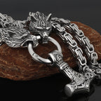 Nordic Viking Wolf and Thor’s Hammer Men’s Necklace