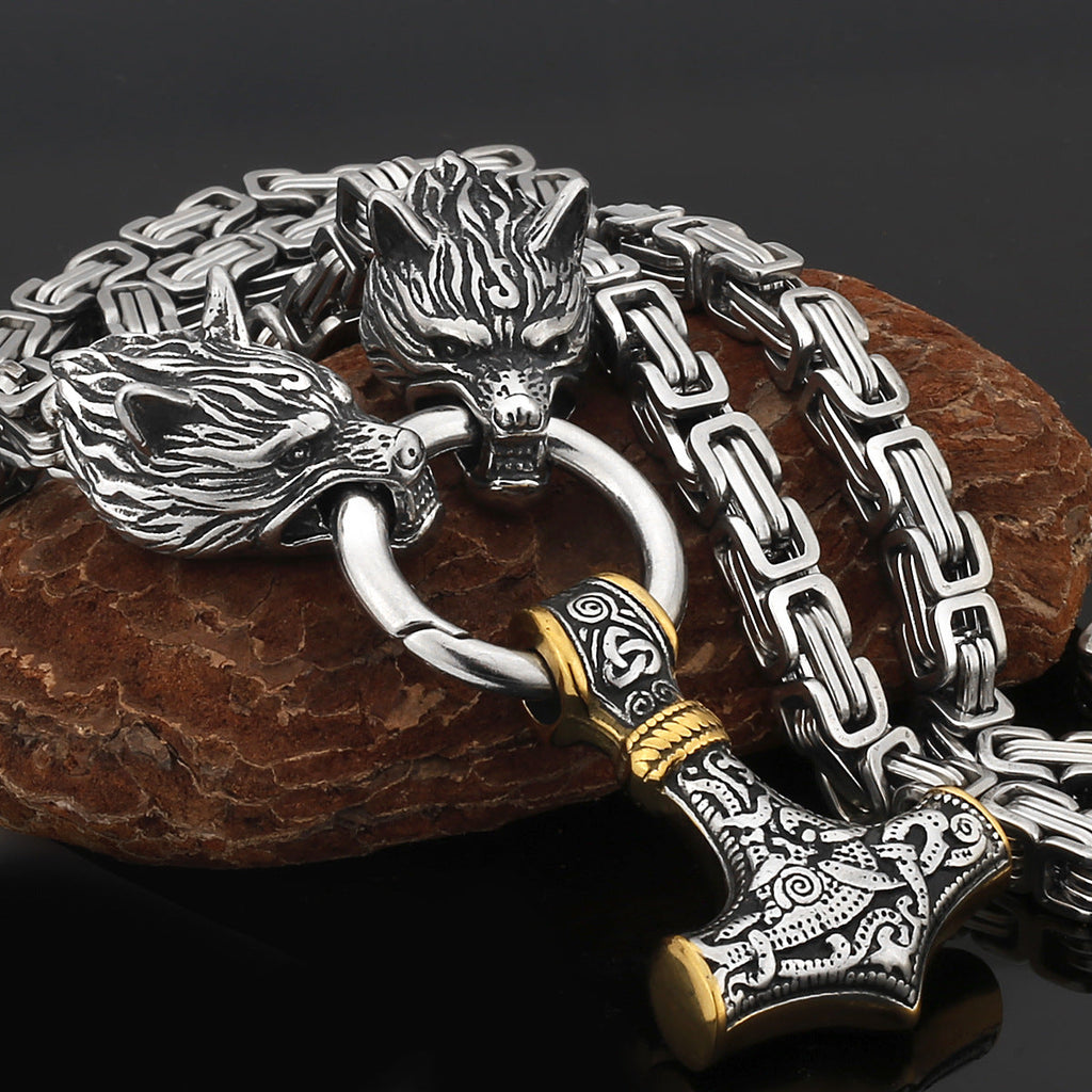 Nordic Viking Wolf and Thor’s Hammer Men’s Necklace