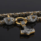 Nordic Viking Wolf and Thor’s Hammer Men’s Necklace