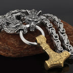 Nordic Viking Wolf and Thor’s Hammer Men’s Necklace