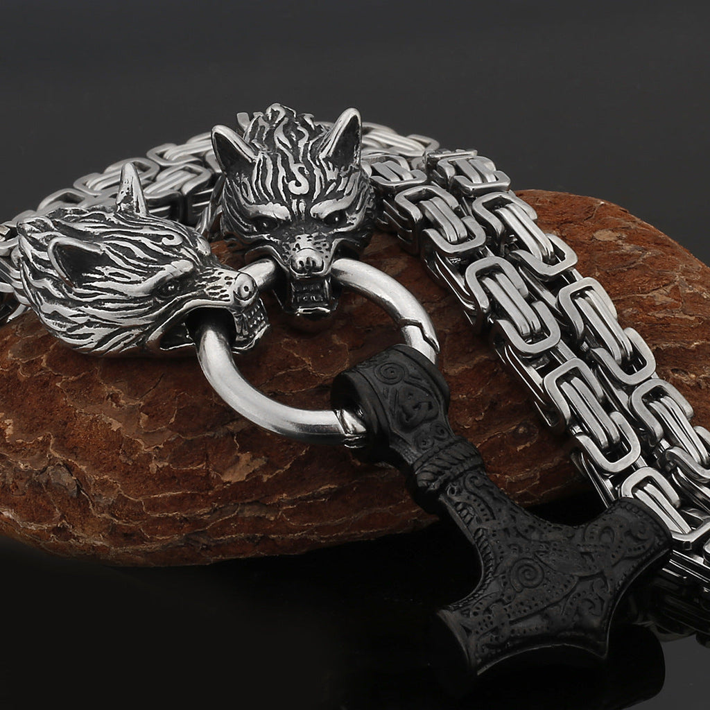 Nordic Viking Wolf and Thor’s Hammer Men’s Necklace