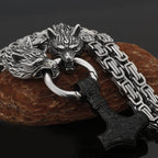 Nordic Viking Wolf and Thor’s Hammer Men’s Necklace
