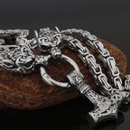Nordic Viking Wolf and Thor’s Hammer Men’s Necklace
