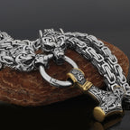 Nordic Viking Wolf and Thor’s Hammer Men’s Necklace