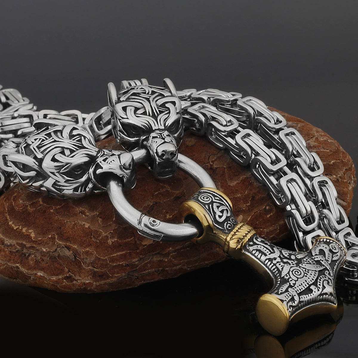 Nordic Viking Wolf and Thor’s Hammer Men’s Necklace