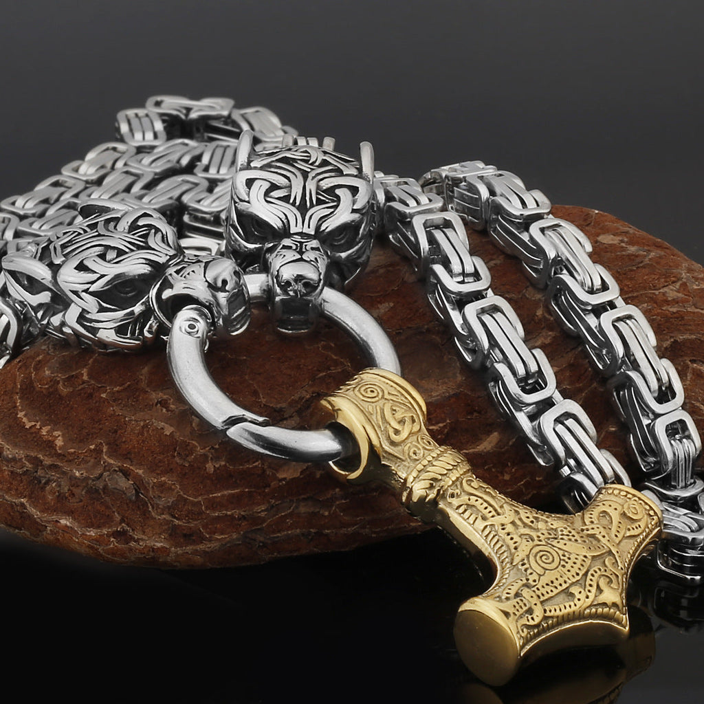 Nordic Viking Wolf and Thor’s Hammer Men’s Necklace