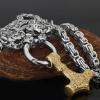 Nordic Viking Wolf and Thor’s Hammer Men’s Necklace