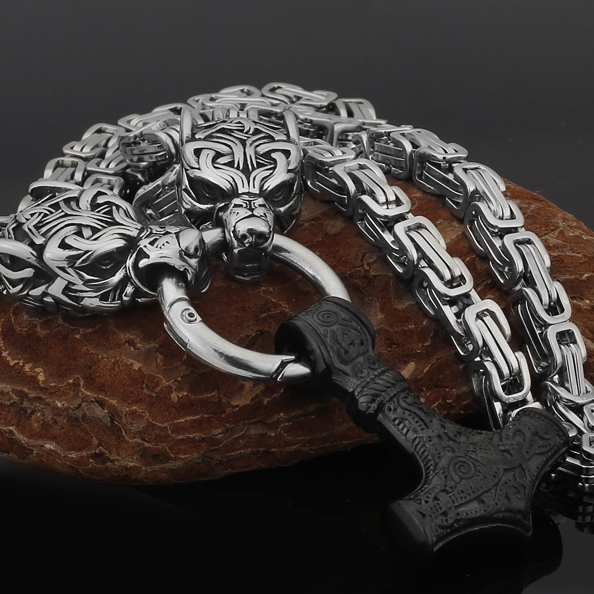 Nordic Viking Wolf and Thor’s Hammer Men’s Necklace