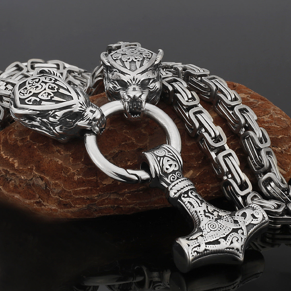 Nordic Viking Wolf and Thor’s Hammer Men’s Necklace