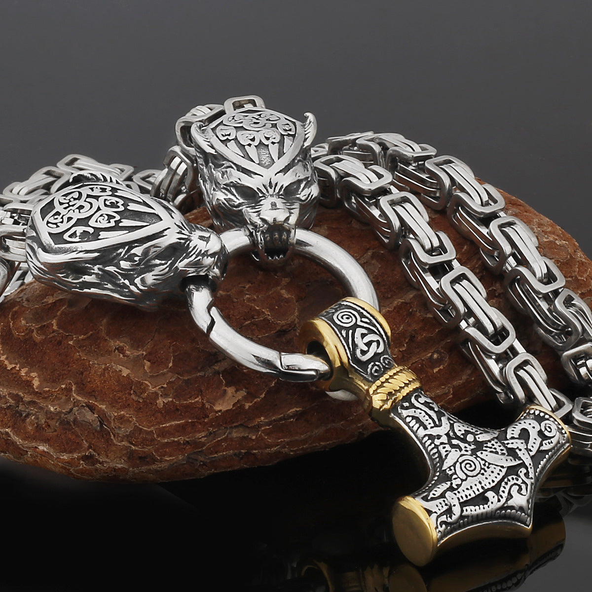 Nordic Viking Wolf and Thor’s Hammer Men’s Necklace