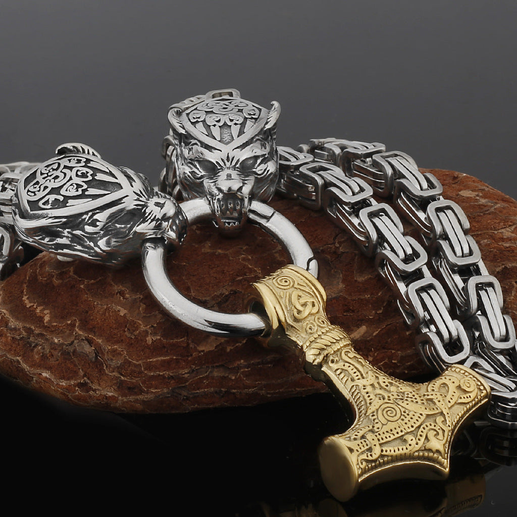 Nordic Viking Wolf and Thor’s Hammer Men’s Necklace