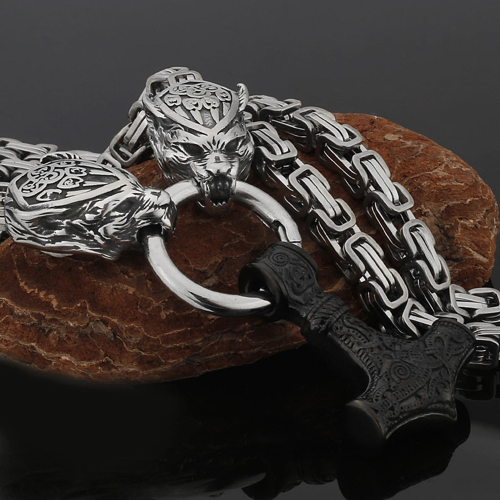 Nordic Viking Wolf and Thor’s Hammer Men’s Necklace