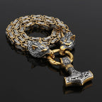 Nordic Viking Wolf and Thor’s Hammer Men’s Necklace