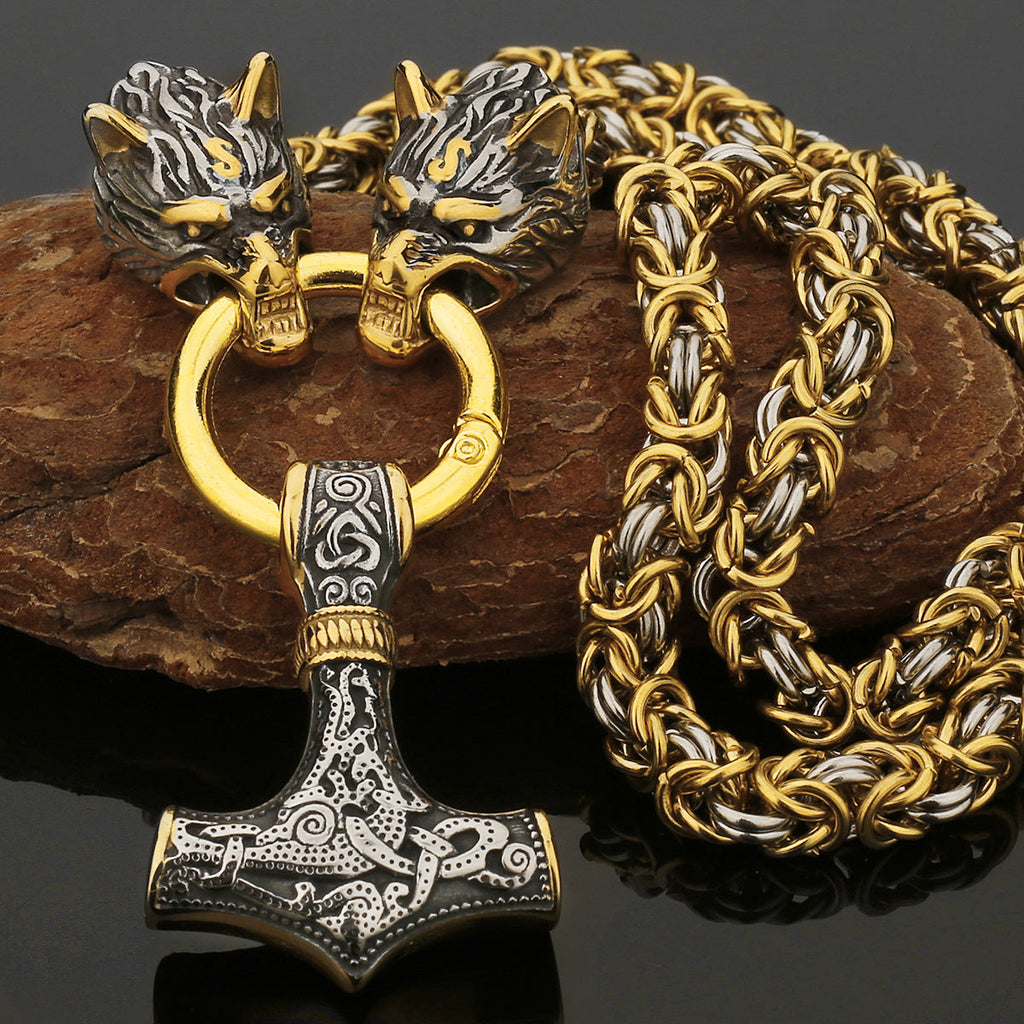 Nordic Viking Wolf and Thor’s Hammer Men’s Necklace