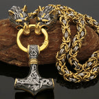 Nordic Viking Wolf and Thor’s Hammer Men’s Necklace