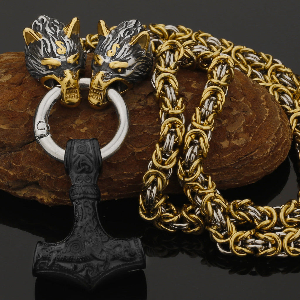 Nordic Viking Wolf and Thor’s Hammer Men’s Necklace