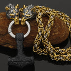 Nordic Viking Wolf and Thor’s Hammer Men’s Necklace