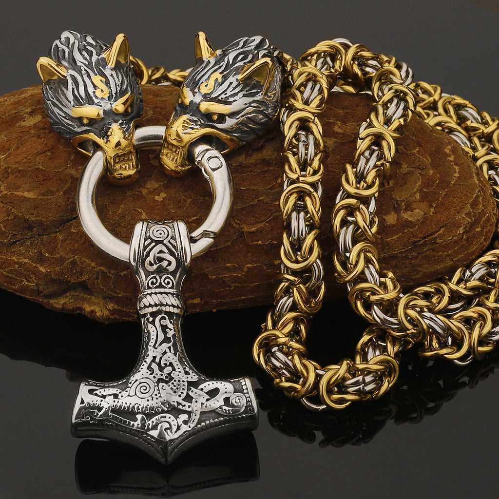 Nordic Viking Wolf and Thor’s Hammer Men’s Necklace