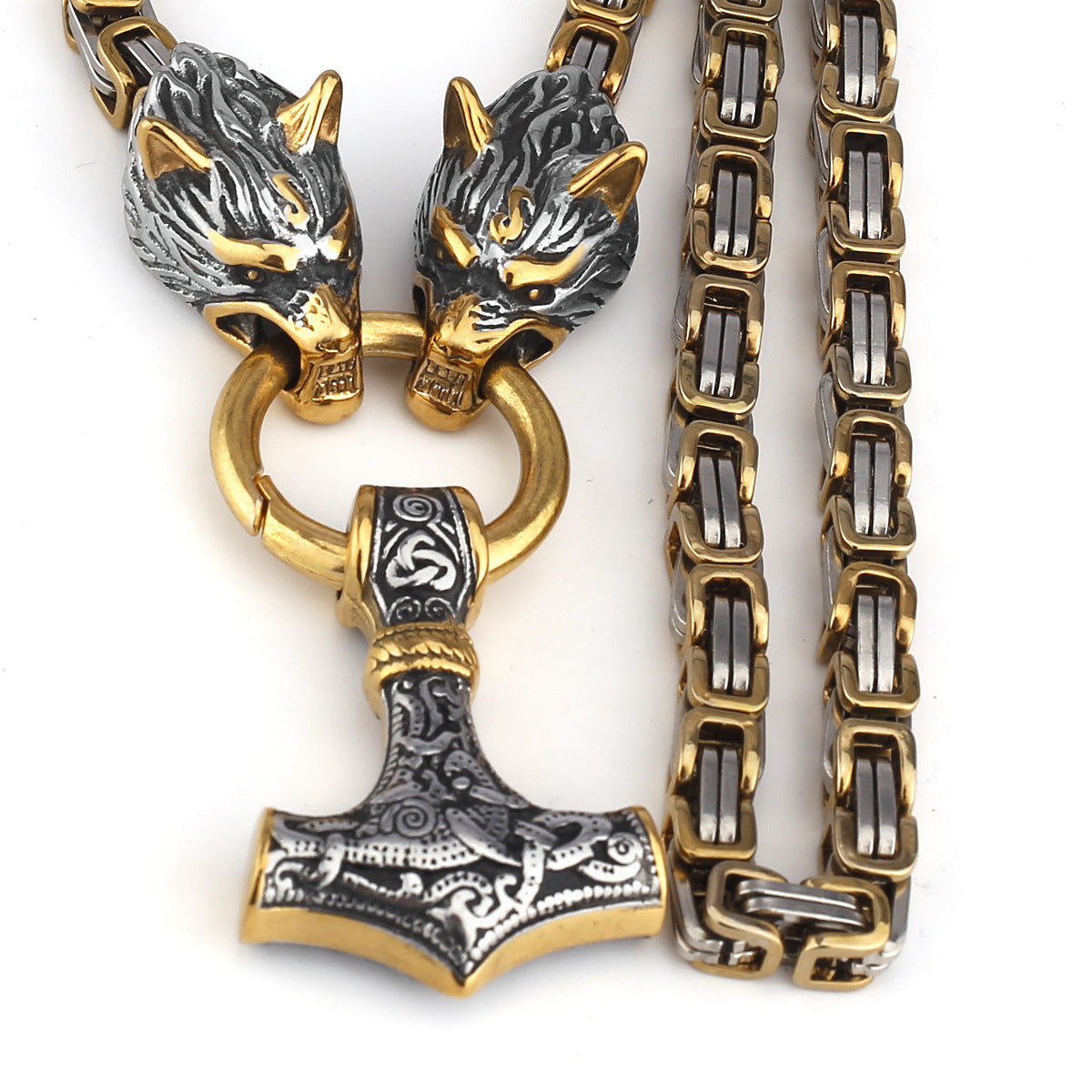 Nordic Viking Wolf and Thor’s Hammer Men’s Necklace