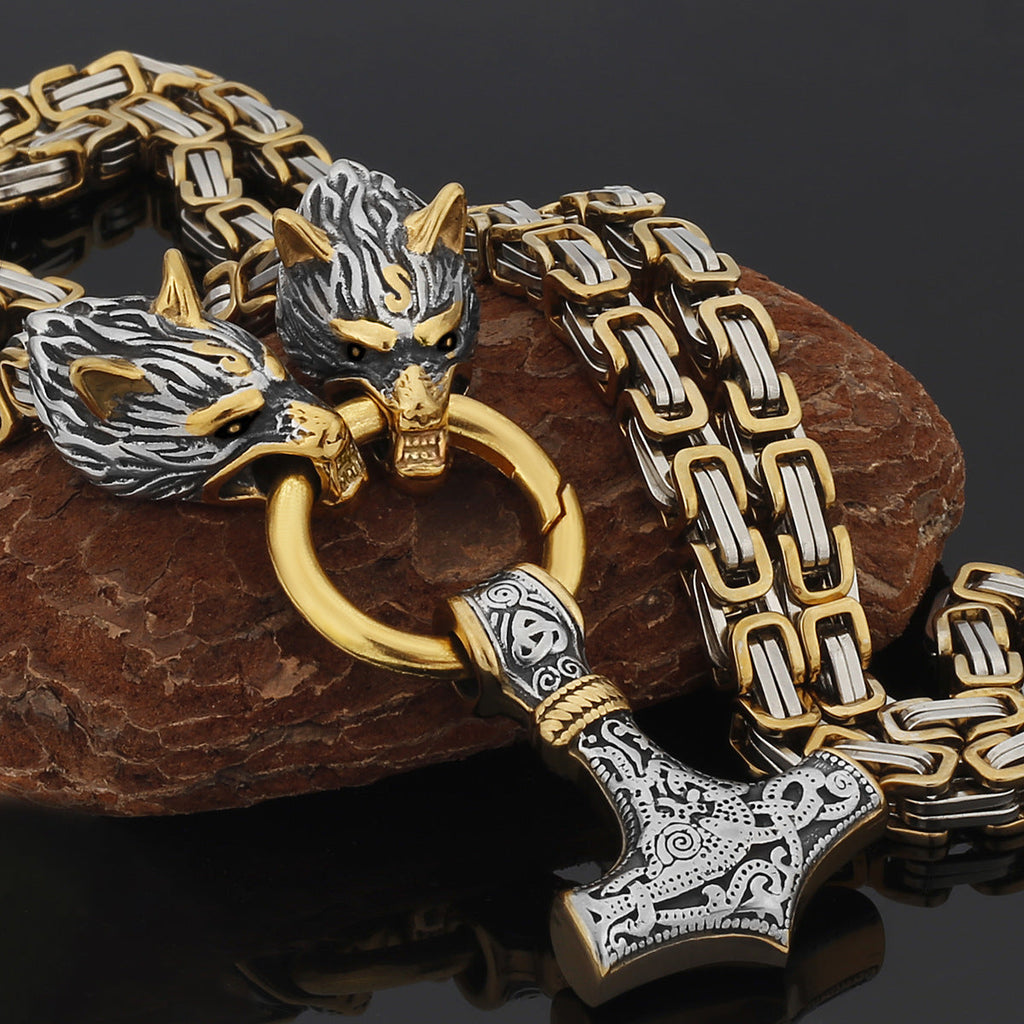 Nordic Viking Wolf and Thor’s Hammer Men’s Necklace