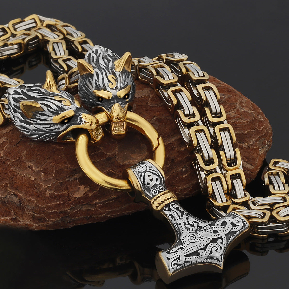 Nordic Viking Wolf and Thor’s Hammer Men’s Necklace