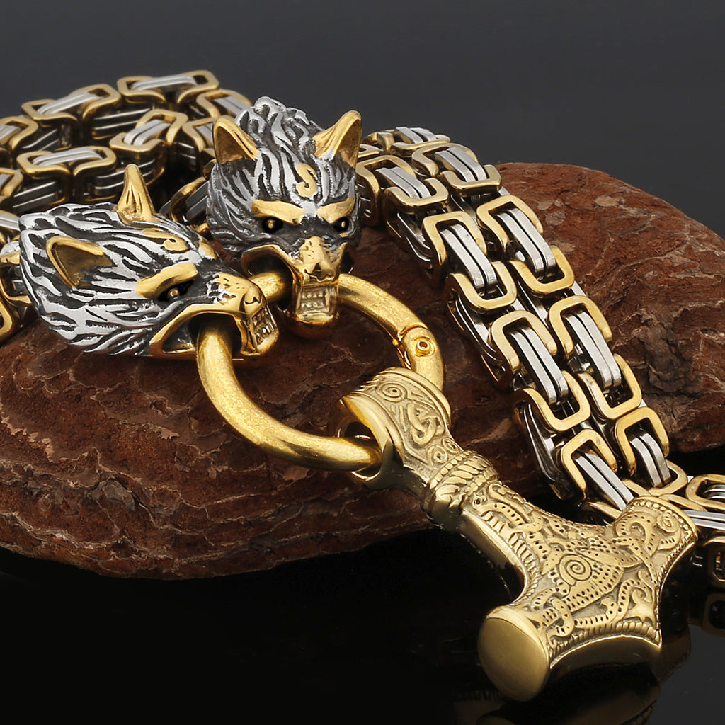 Nordic Viking Wolf and Thor’s Hammer Men’s Necklace