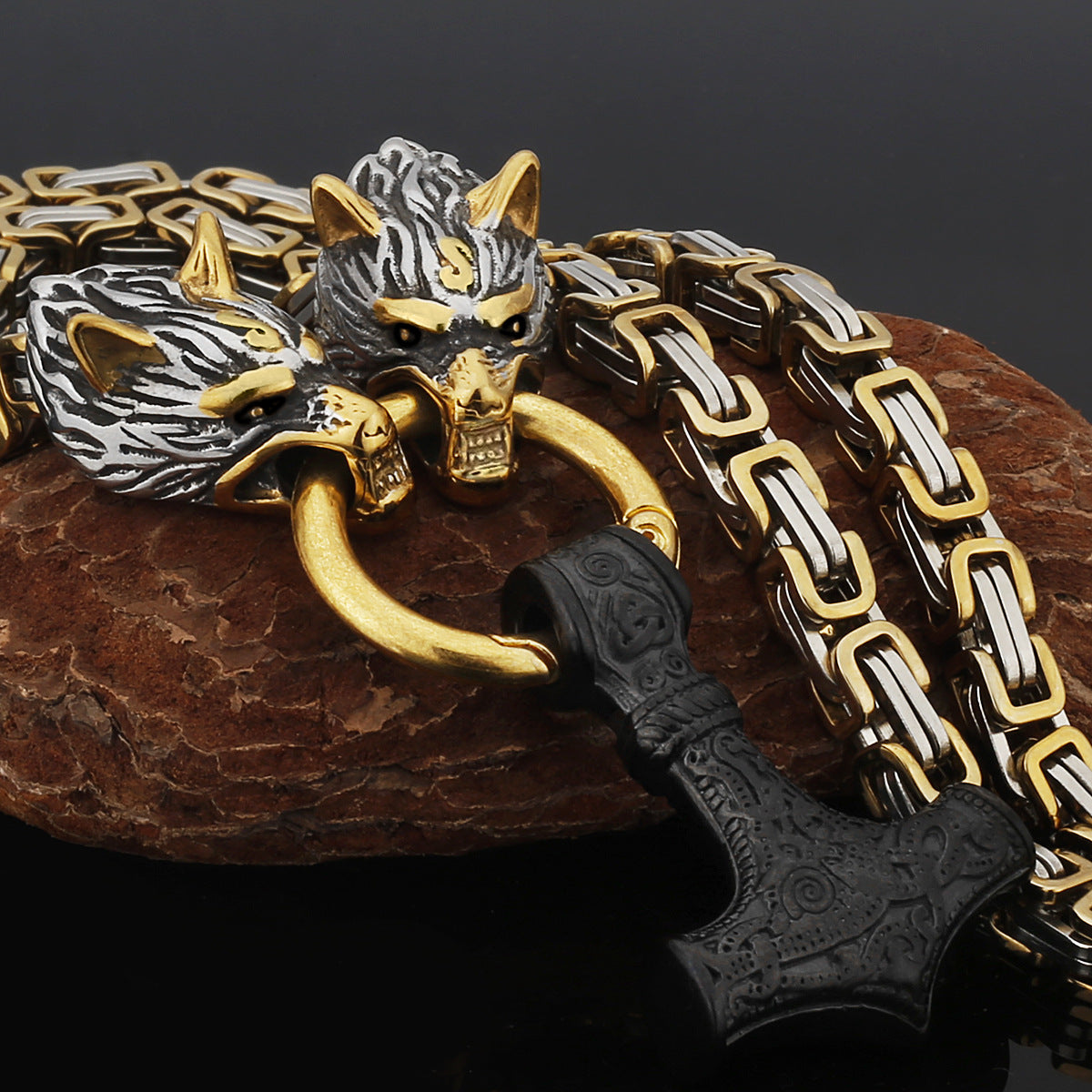 Nordic Viking Wolf and Thor’s Hammer Men’s Necklace