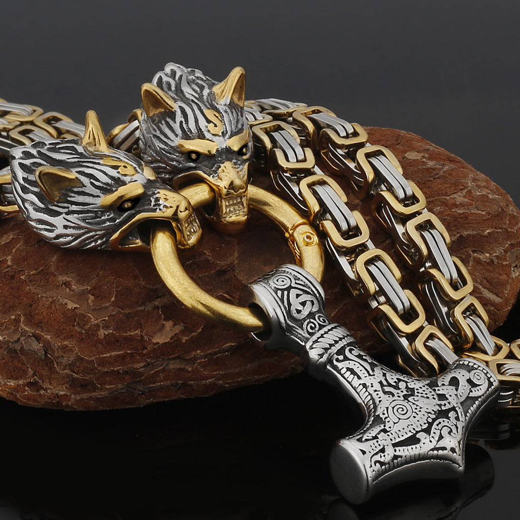 Nordic Viking Wolf and Thor’s Hammer Men’s Necklace