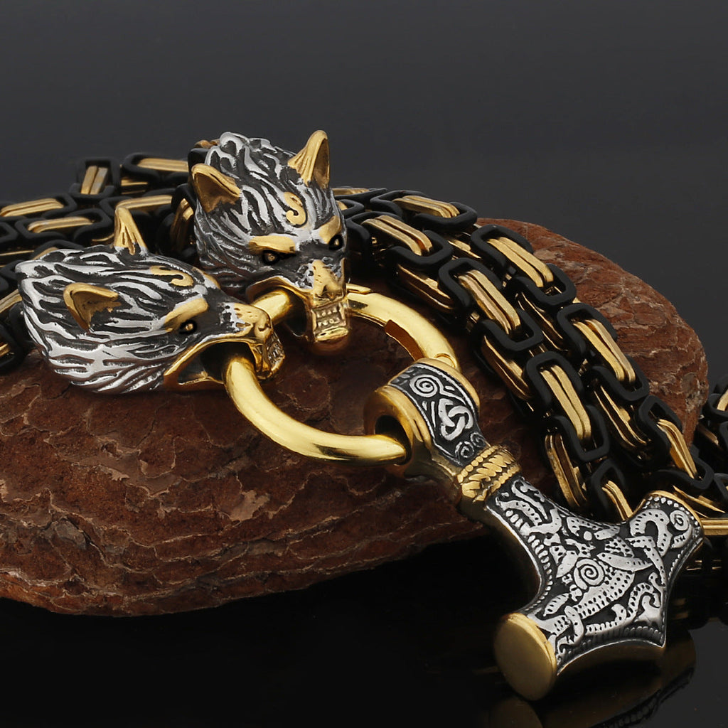 Nordic Viking Wolf and Thor’s Hammer Men’s Necklace