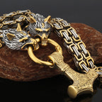 Nordic Viking Wolf and Thor’s Hammer Men’s Necklace