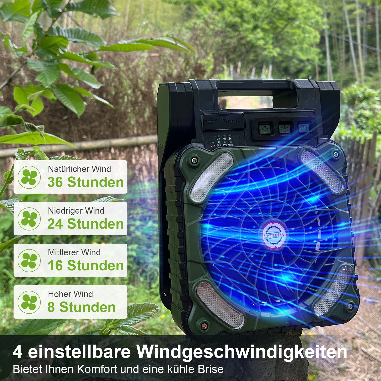 Outdoor Camping Fan with LED Light - Solar Powered, 20800mAh Battery, view 4