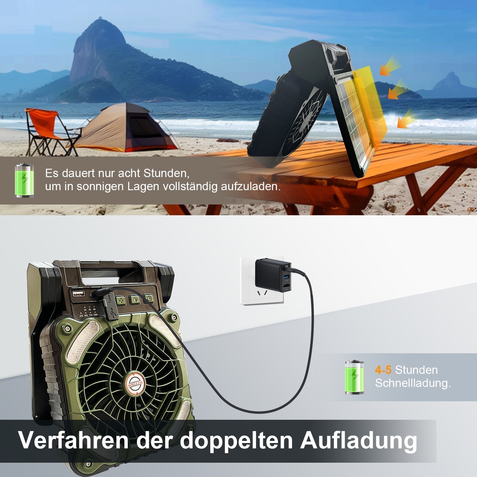 Outdoor Camping Fan with LED Light - Solar Powered, 20800mAh Battery, view 8